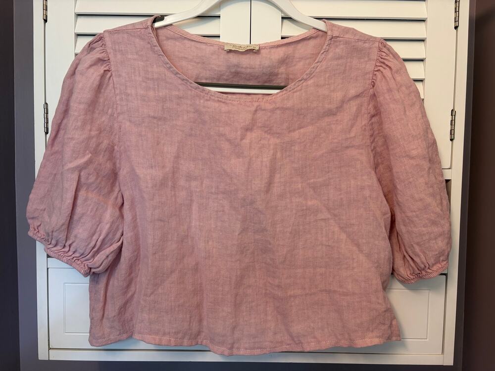 Bellambra Cropped Short Sleeve Linen Blouse-Size Medium-Pale Pink-Puff Sleeve